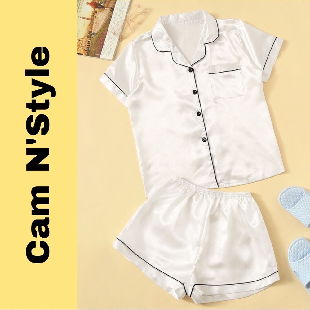 New White Satin Silk-Like Pajama Set